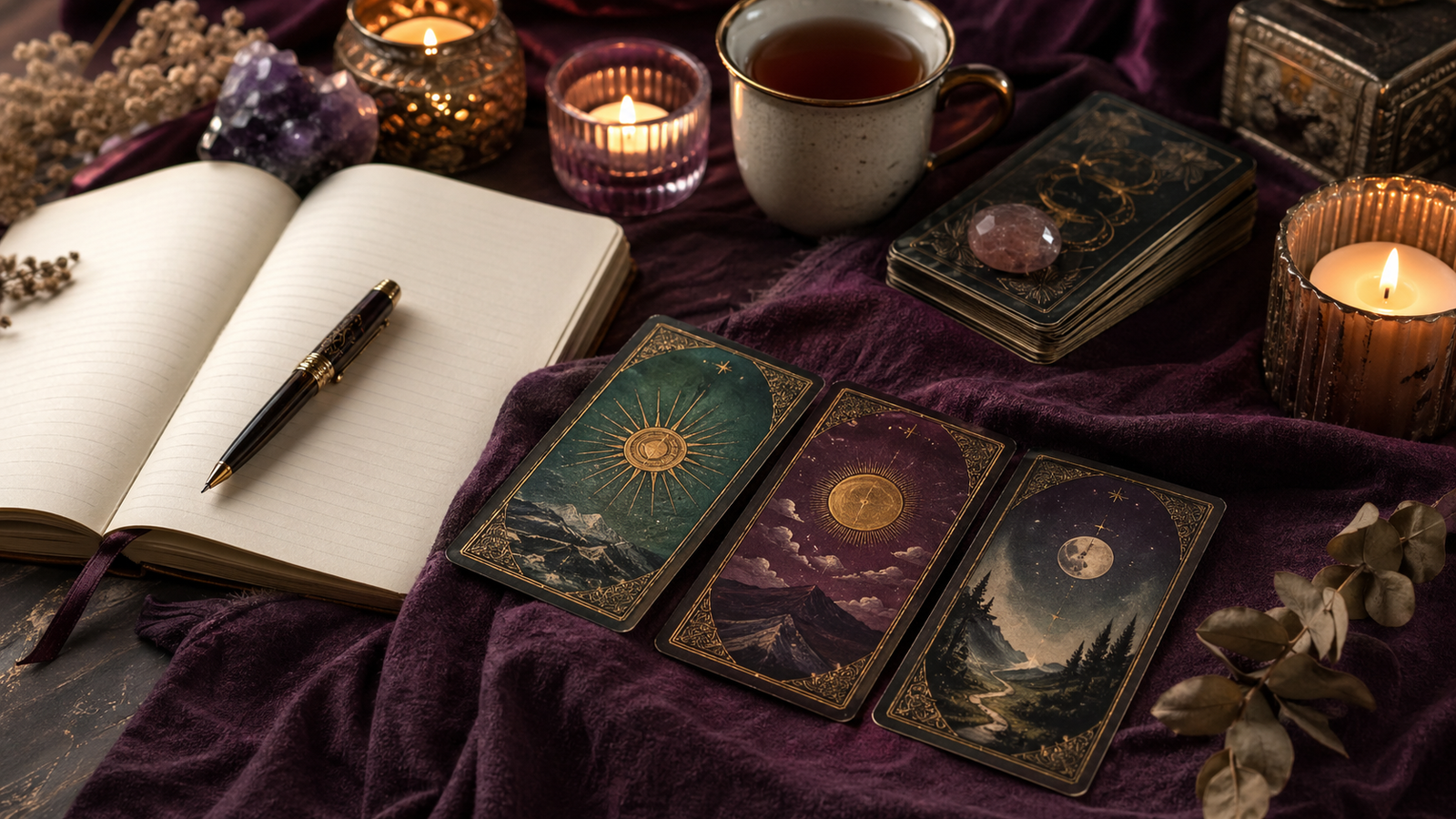 Cartas de tarô ao lado de um caderno em uma mesa acolhedora